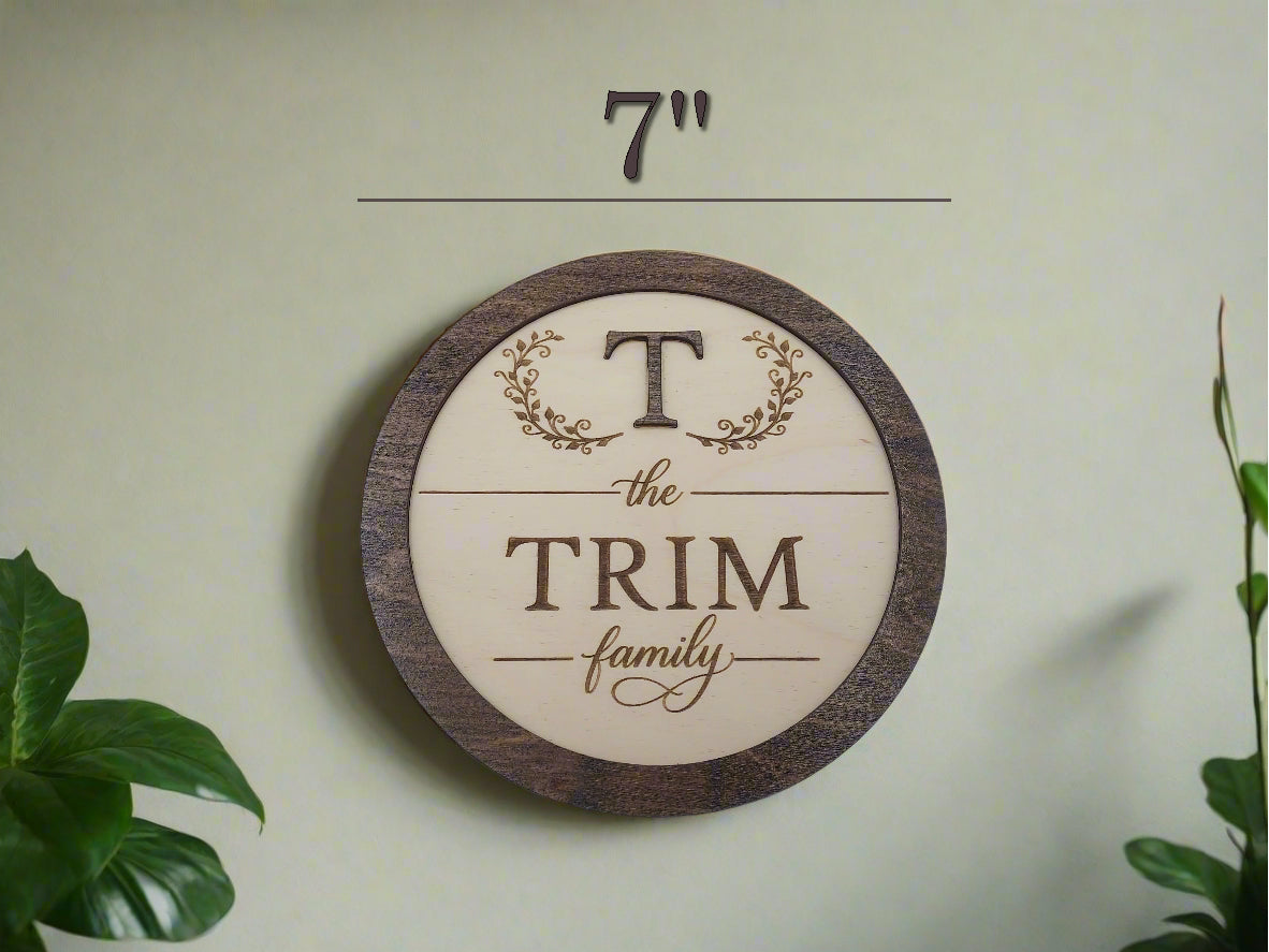 Personalized Laser Engraved Wooden Monogram Sign 7" - Custom Last Name Family Sign