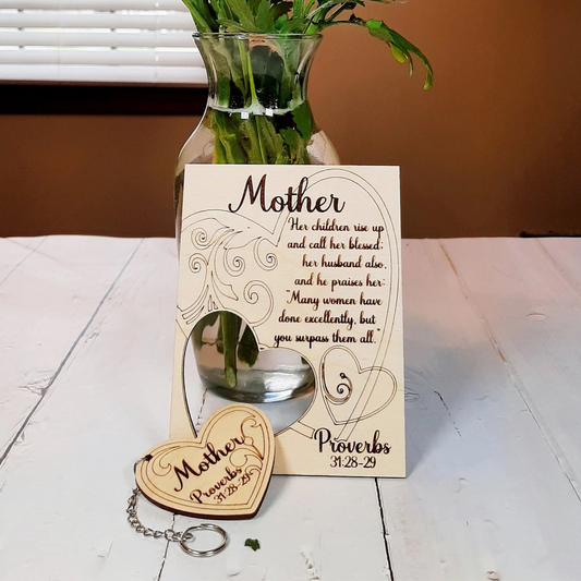 Wooden Mother’s Day Card with Removable Heart Keychain, Personalized – Proverbs 31 Gift for Mom