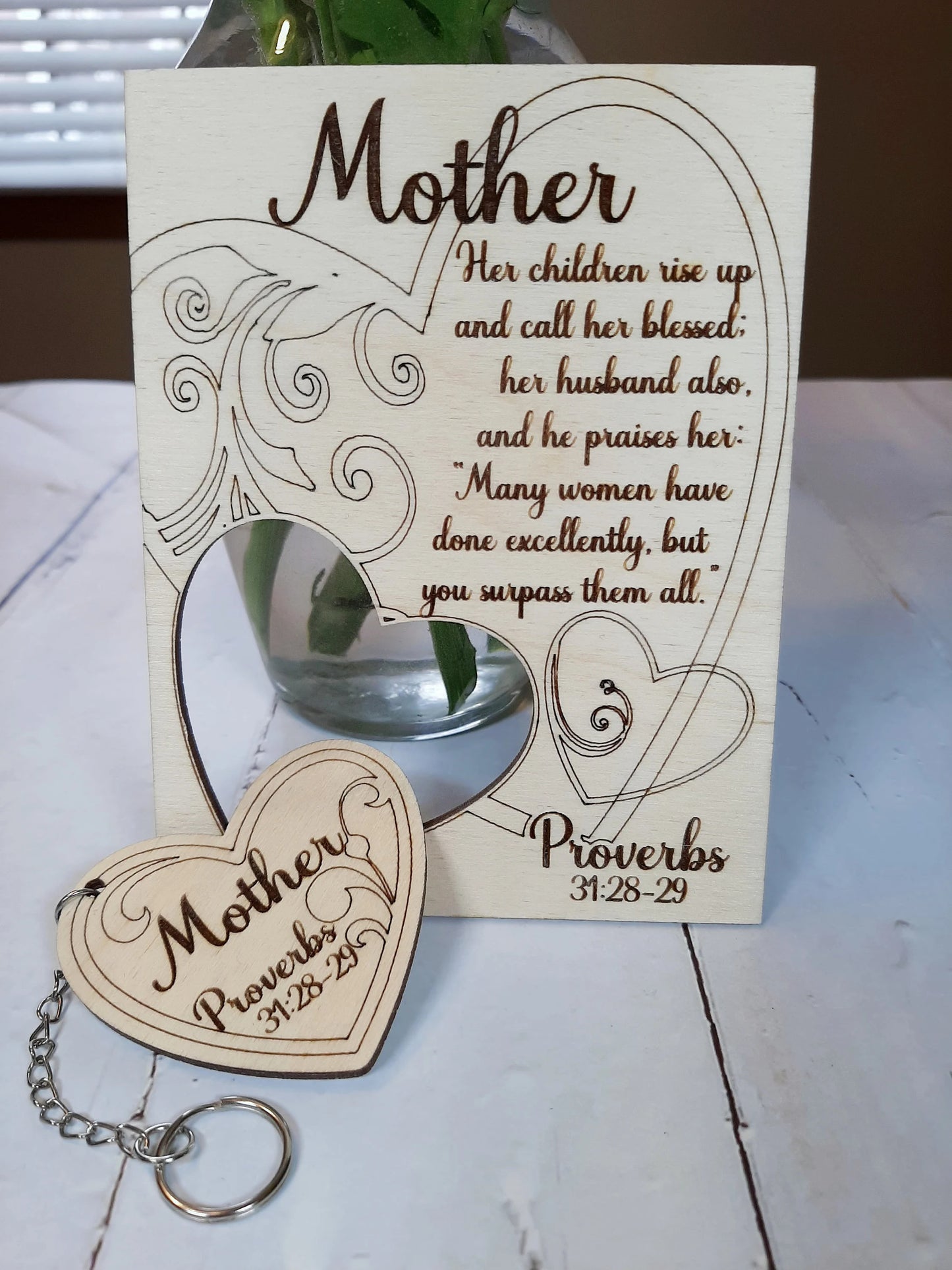 Wooden Mother’s Day Card with Removable Heart Keychain, Personalized – Proverbs 31 Gift for Mom