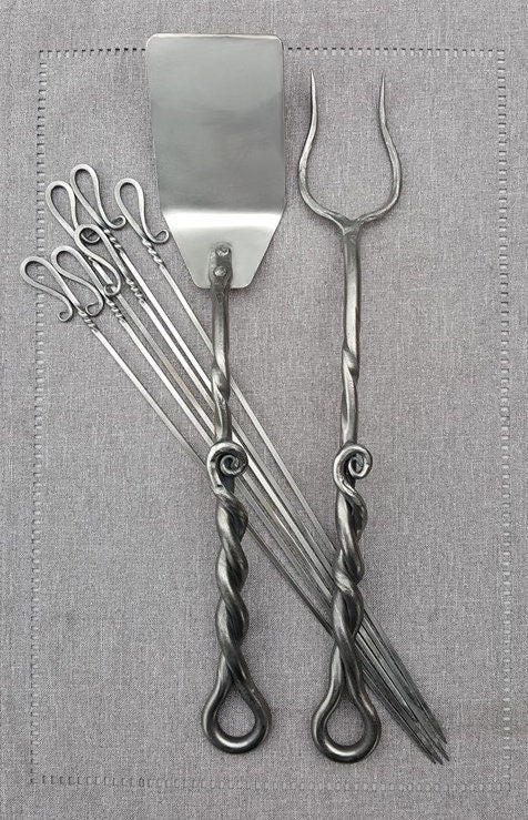 The Grill Master Set with BBQ Fork, Spatula, and 6 Shish Kabob skewers - Hand Forged, Iron Grill Tools, Grill Utensils, Grilling Gifts