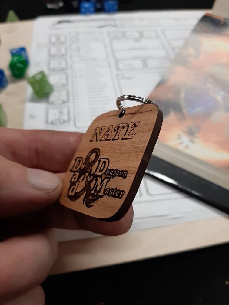 Dad and Dungeon Master, personalized D&D dungeons and dragons wooden key chain.