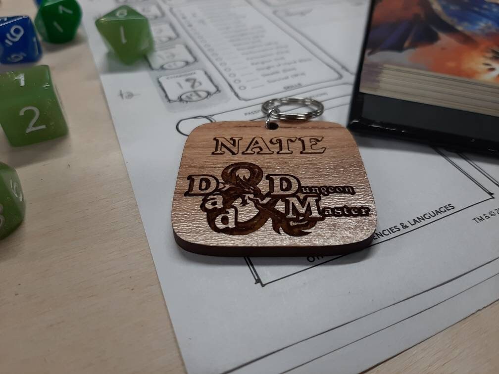 Dad and Dungeon Master, personalized D&D dungeons and dragons wooden key chain.
