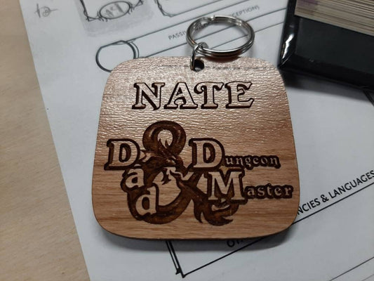Dad and Dungeon Master, personalized D&D dungeons and dragons wooden key chain.