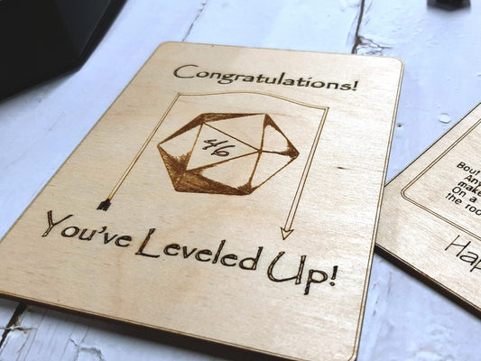 Birthday Card - Congratulations! You've Leveled Up!   Humorous birthday card, engraved wood, gamer gift, rpg, role-playing games d&d dnd