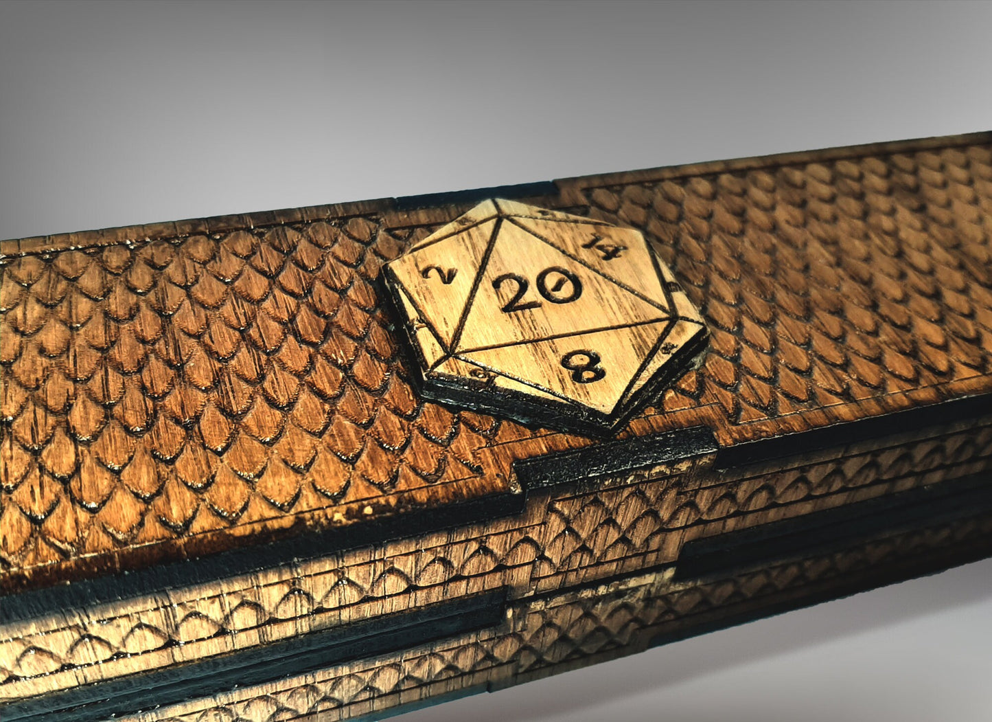 Adventurer's Dice Box - 7 Slots - D20 wooden engraved RPG Dice box with magnetic lid for full set of D&D dice