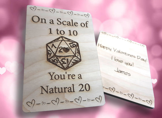 Valentine/Anniversary Card -Natural 20 RPG Gaming Clever card, engraved wood, gamer gift, rpg, role-playing games d&d dnd