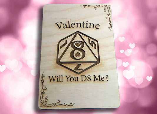 Valentine Card - D8 Me RPG Gaming Clever VDay card, engraved wood, gamer gift, rpg, role-playing games d&d dnd Date