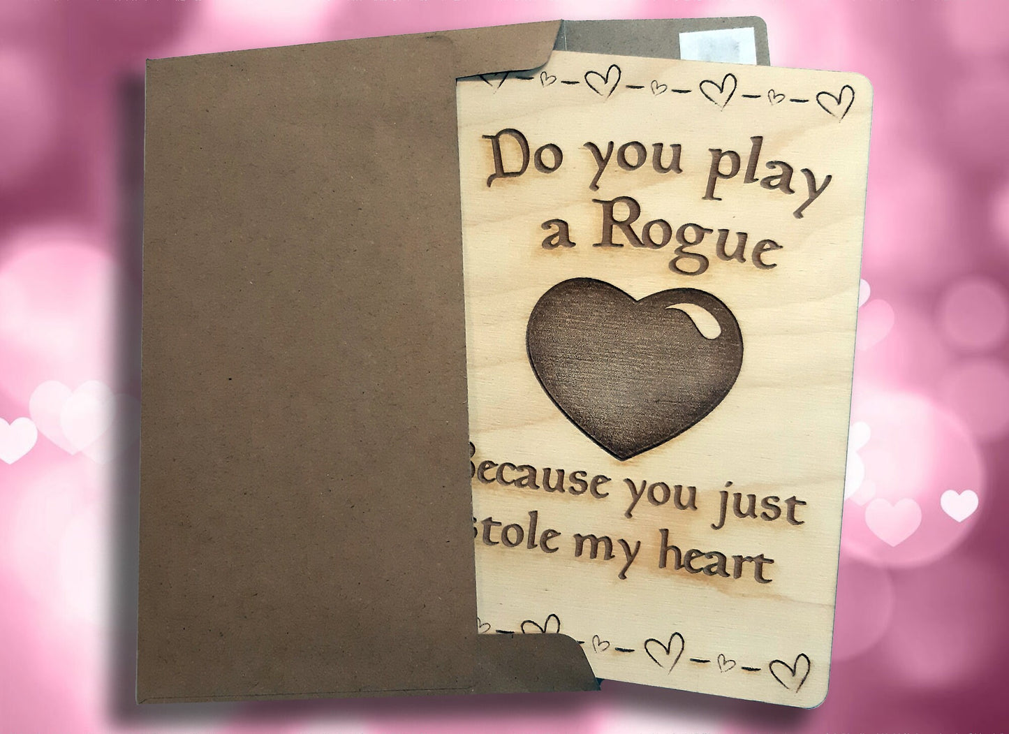 Valentine/Anniversary Card - Rogue You Stole My Heart RPG Gaming Clever VDay card, engraved wood, gamer gift, rpg, role-playing games d&d