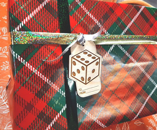 Gift Tag - Dice D6 Board Game Piece engraved gaming gift wrap label tabletop themed birthday or holiday hang tag