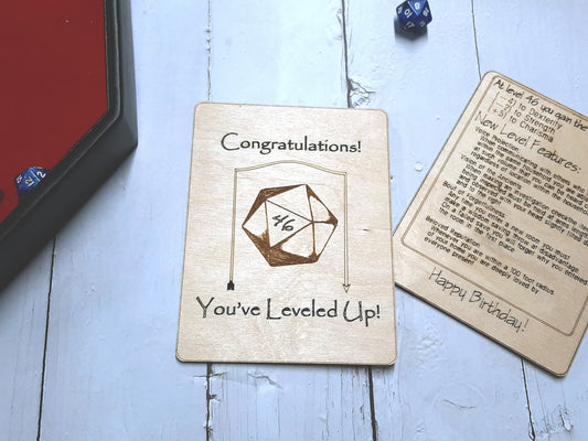 Birthday Card - Congratulations! You've Leveled Up!   Humorous birthday card, engraved wood, gamer gift, rpg, role-playing games d&d dnd