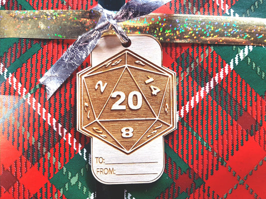 Gift Tag - D20 D&D engraved gaming gift wrap label RPG tabletop themed birthday or holiday hang tag