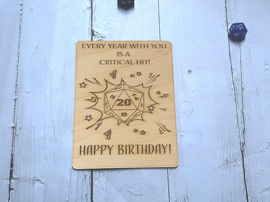 Critical  Hit - Birthday Card -Adventurous birthday card, engraved wood, rpg gamer gift, role-playing games d&d dnd