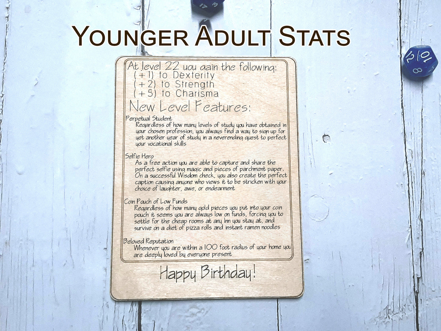 Birthday Card - Congratulations! You've Leveled Up! Humorous birthday card, engraved wood, gamer gift, rpg, role-playing games d&d dnd