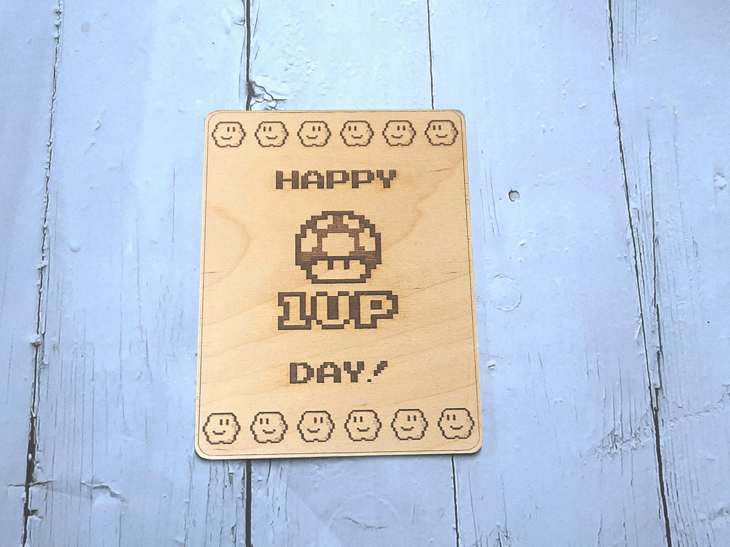 Happy 1UP day! - Birthday Card - Video Game Birthday Card, engraved wood, Console Gamer Gift,  8-bit Pixel Art Games