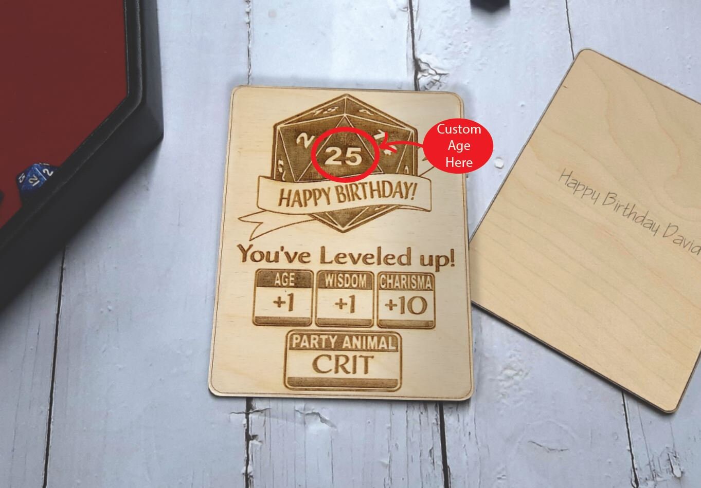Birthday Card - Happy Birthday! You've Leveled Up! Level Up Stats birthday card, engraved wood, gamer gift, rpg, role-playing games d&d