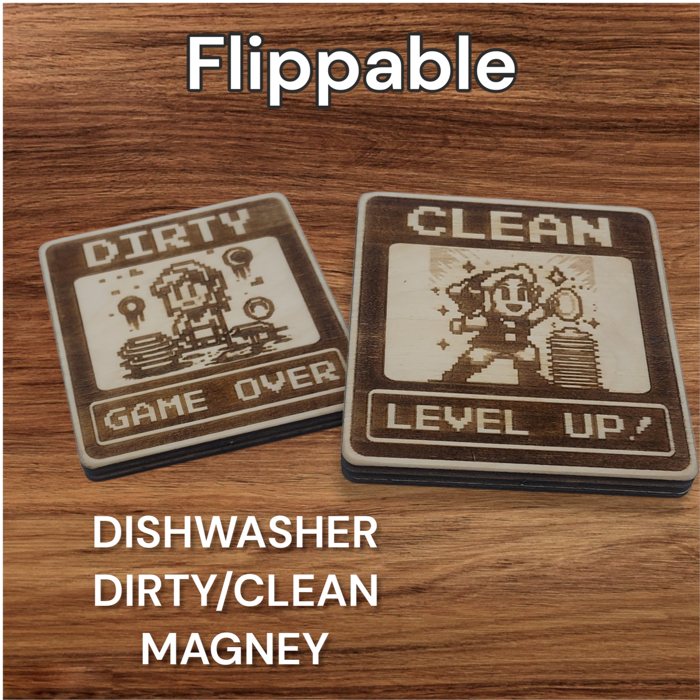 Dishwasher Dirty / Clean Magnet Indicator Two Sided - Retro 8-Bit Adventurer themed dishwasher magnet