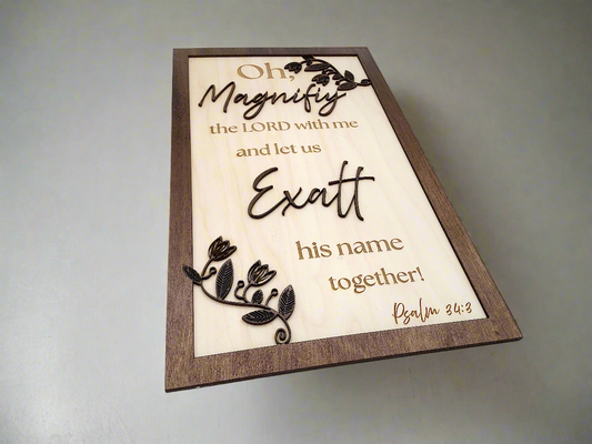 Psalm 34:3 Wall Art – Wooden Sign with Dimensional Frame & Scripture | Christian Home Decor