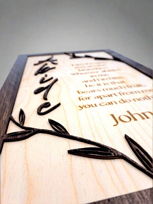 ABIDE John 15:5 Wooden Wall Sign – Christian Home Decor with Raised Lettering and Engraved Scripture