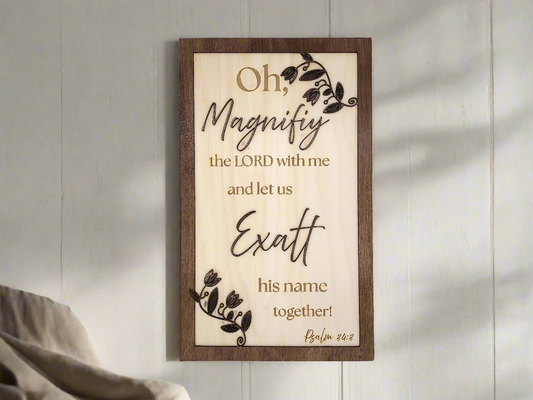 Psalm 34:3 Wall Art – Wooden Sign with Dimensional Frame & Scripture | Christian Home Decor