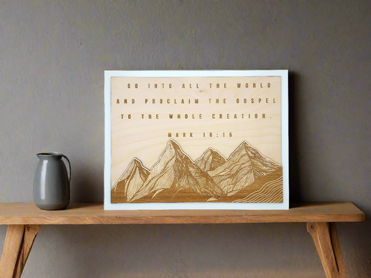 Go Into All the World – Mark 16:15 Wooden Mountain Sign | Christian Layered Wall Art | Scripture Decor
