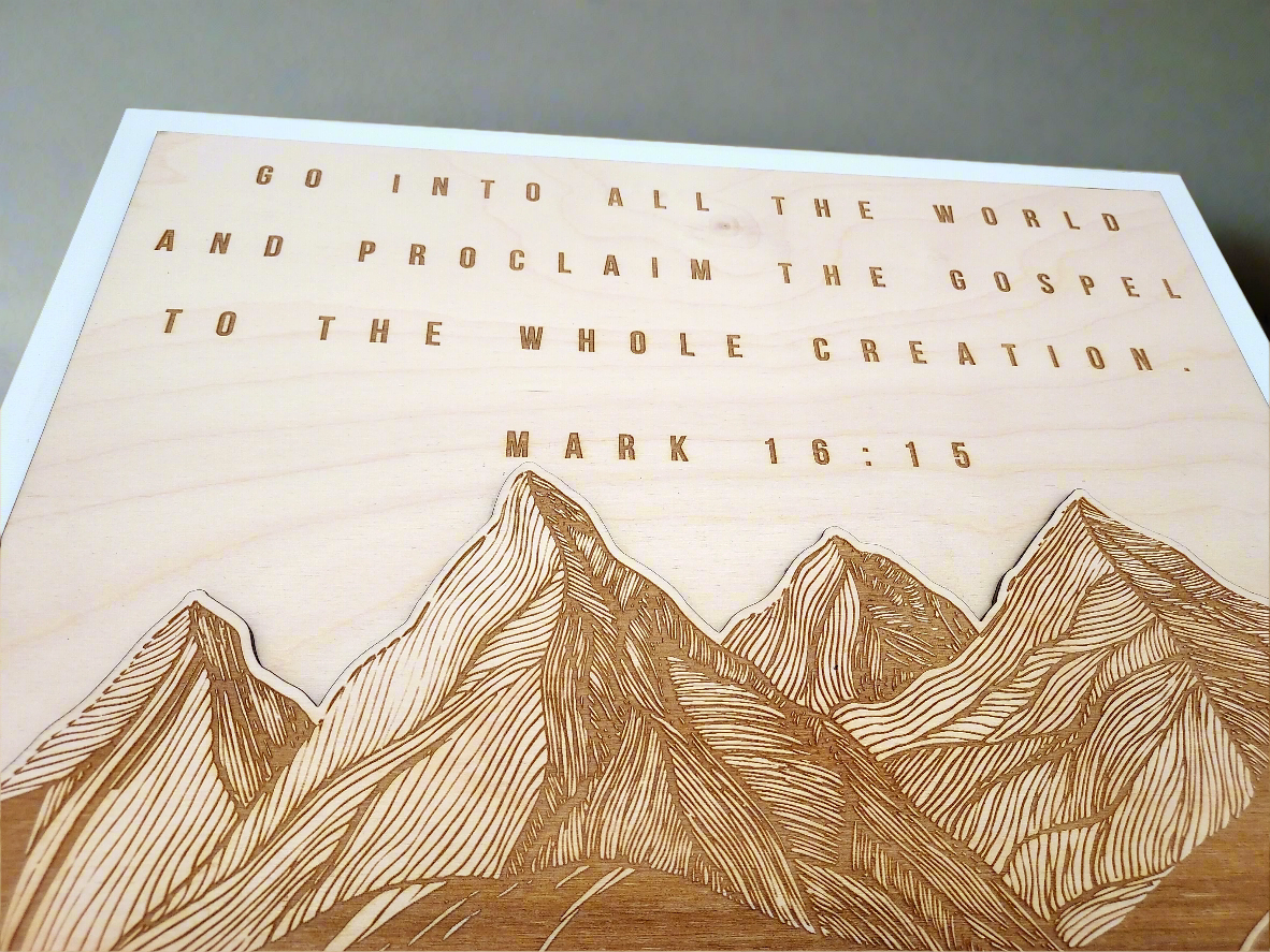Go Into All the World – Mark 16:15 Wooden Mountain Sign | Christian Layered Wall Art | Scripture Decor