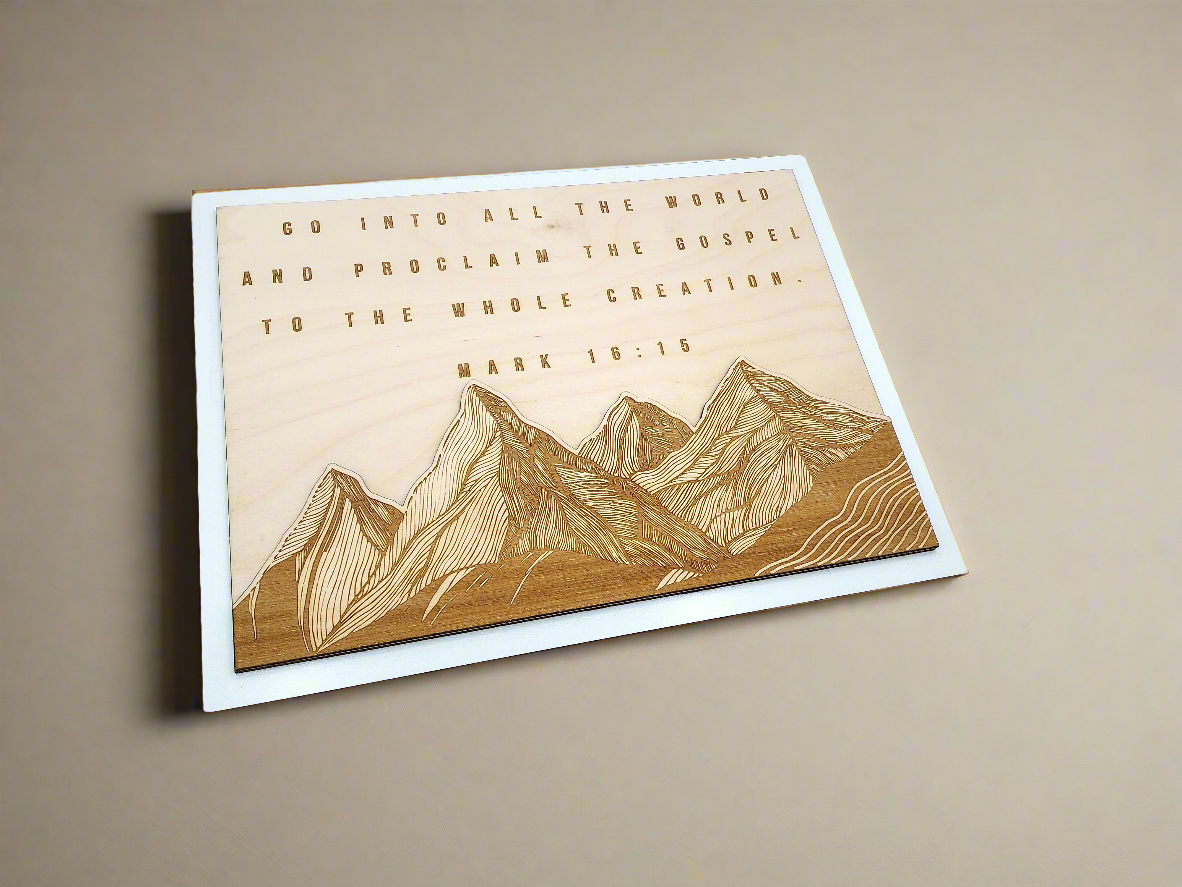 Go Into All the World – Mark 16:15 Wooden Mountain Sign | Christian Layered Wall Art | Scripture Decor