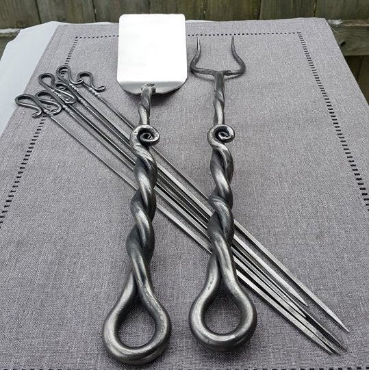 The Grill Master Set with BBQ Fork, Spatula, and 6 Shish Kabob skewers - Hand Forged, Iron Grill Tools, Grill Utensils, Grilling Gifts