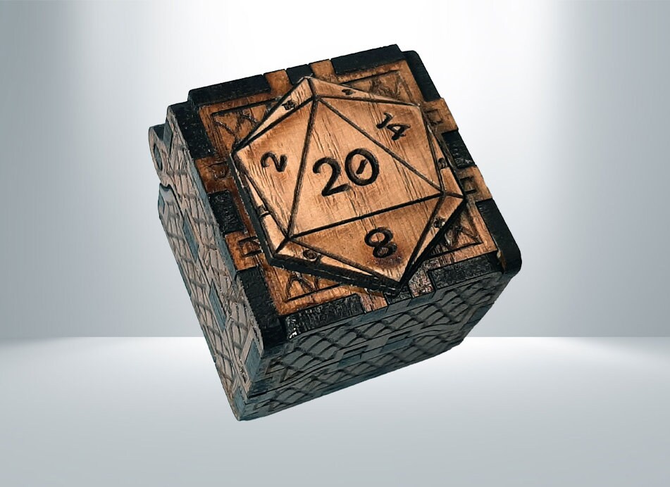 Adventurer's Dice Box - Single Die - D20 wooden engraved RPG Dice box with magnetic lid