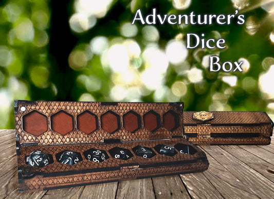 Adventurer's Dice Box - 7 Slots - D20 wooden engraved RPG Dice box with magnetic lid for full set of D&D dice