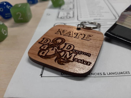 Dad and Dungeon Master, personalized D&D dungeons and dragons wooden key chain.