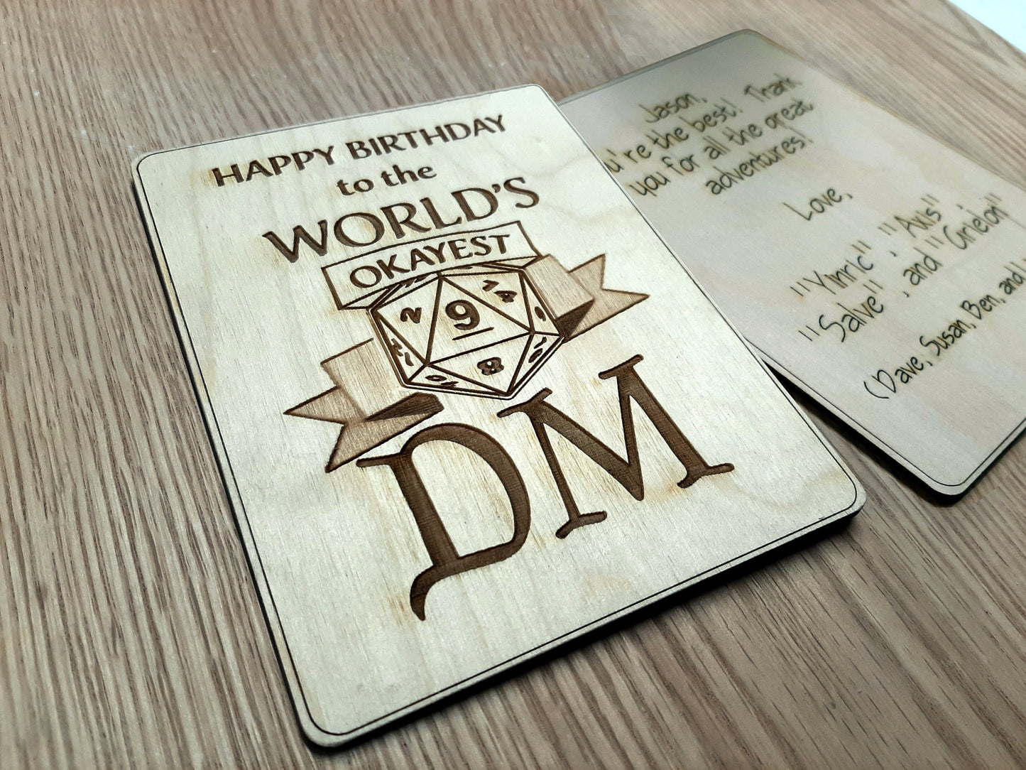 Happy Birthday to the World's OKAYEST DM - Birthday Card - Humorous birthday card, engraved wood, rpg gamer gift, role-playing games d&d dnd