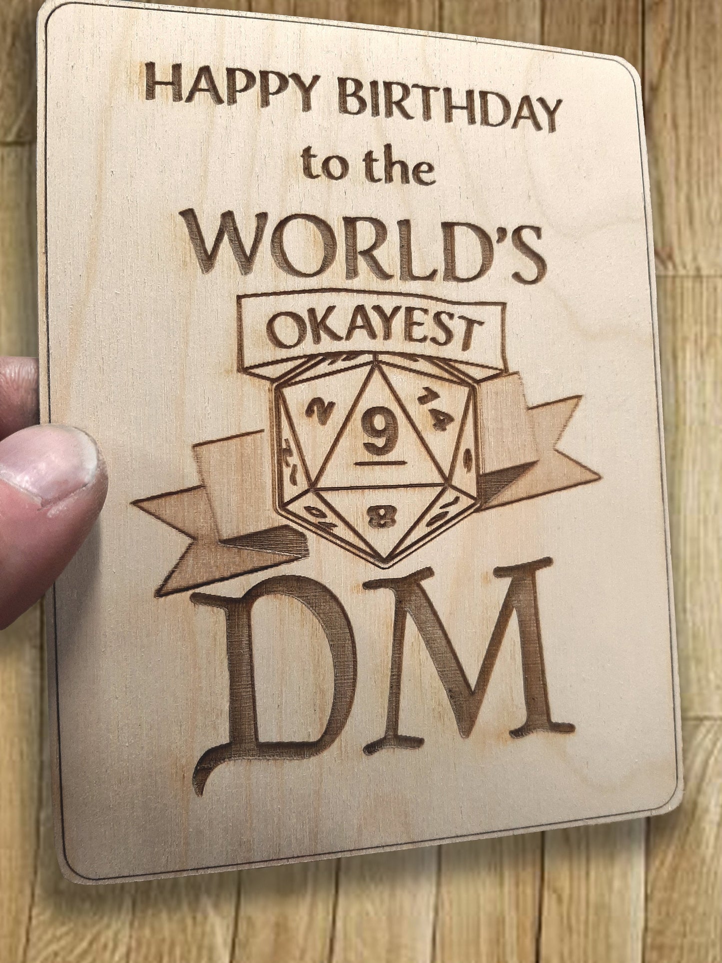 Happy Birthday to the World's OKAYEST DM - Birthday Card - Humorous birthday card, engraved wood, rpg gamer gift, role-playing games d&d dnd