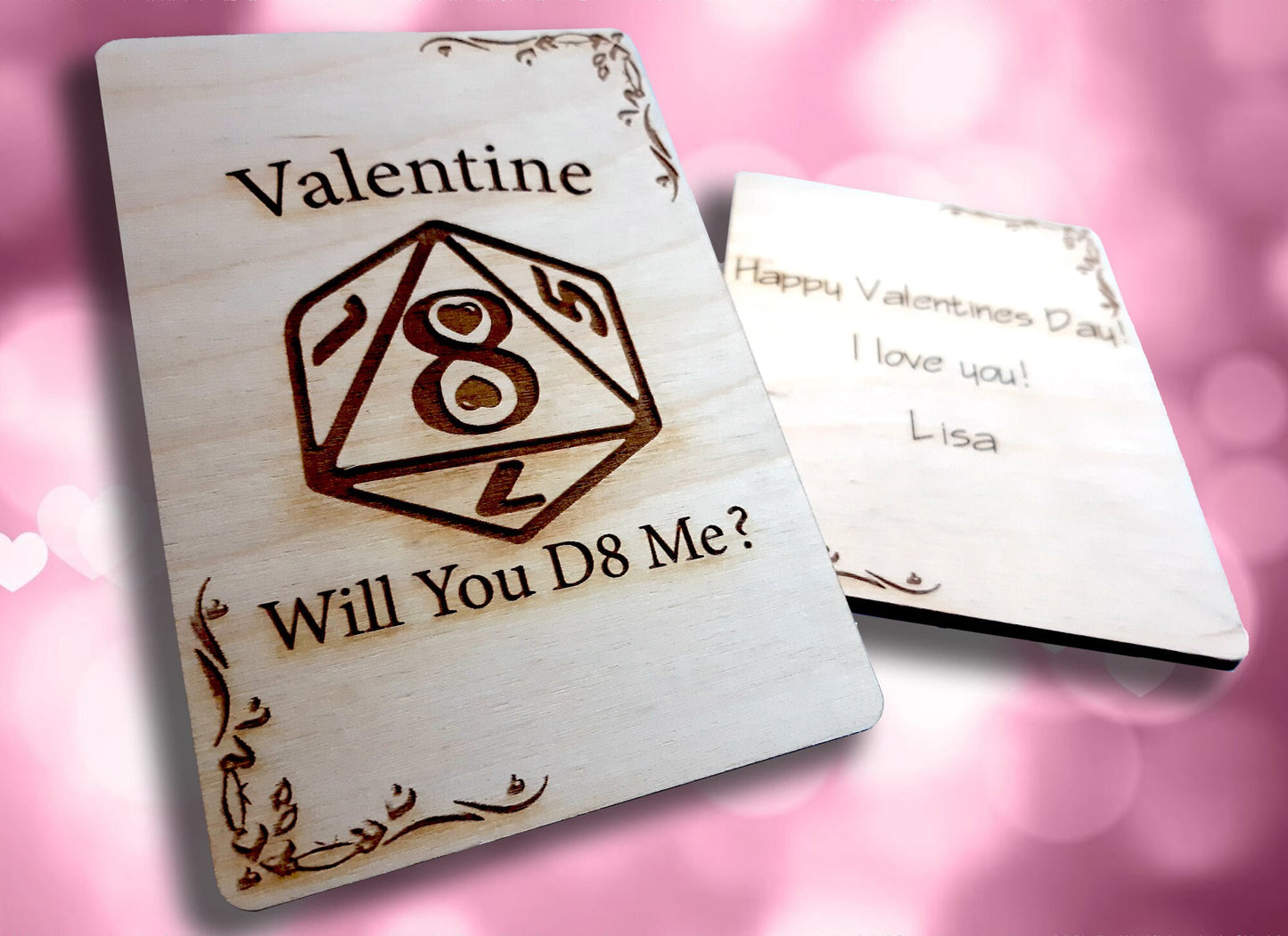 Valentine Card - D8 Me RPG Gaming Clever VDay card, engraved wood, gamer gift, rpg, role-playing games d&d dnd Date