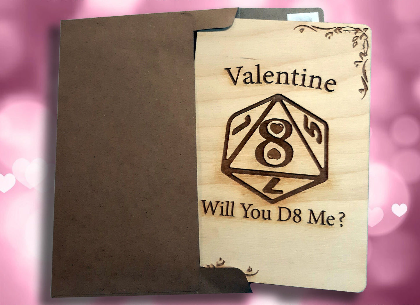Valentine Card - D8 Me RPG Gaming Clever VDay card, engraved wood, gamer gift, rpg, role-playing games d&d dnd Date