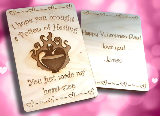 Valentine/Anniversary Card - Healing Potion RPG Gaming Clever card, engraved wood, gamer gift, rpg, role-playing games d&d dnd
