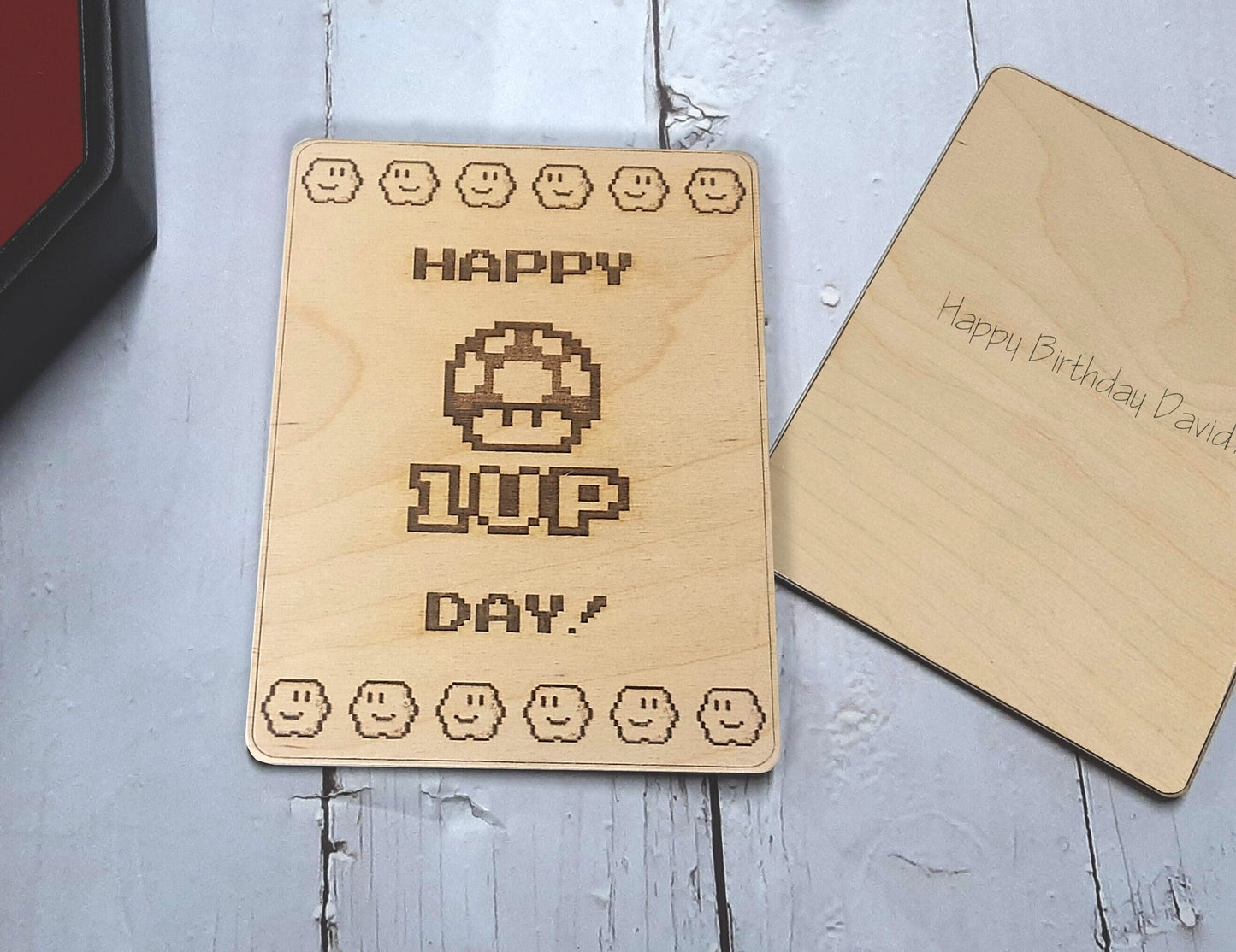 Happy 1UP day! - Birthday Card - Video Game Birthday Card, engraved wood, Console Gamer Gift,  8-bit Pixel Art Games