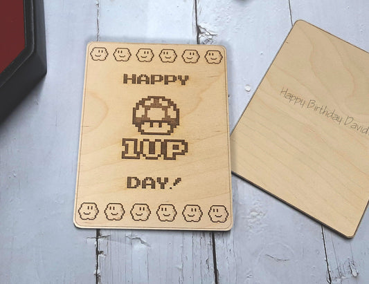 Happy 1UP day! - Birthday Card - Video Game Birthday Card, engraved wood, Console Gamer Gift,  8-bit Pixel Art Games
