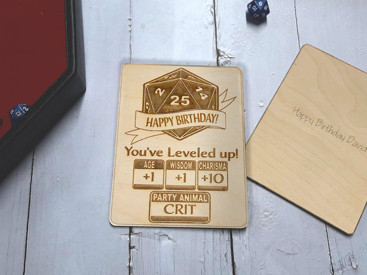 Birthday Card - Happy Birthday! You've Leveled Up!   Level Up Stats birthday card, engraved wood, gamer gift, rpg, role-playing games d&d